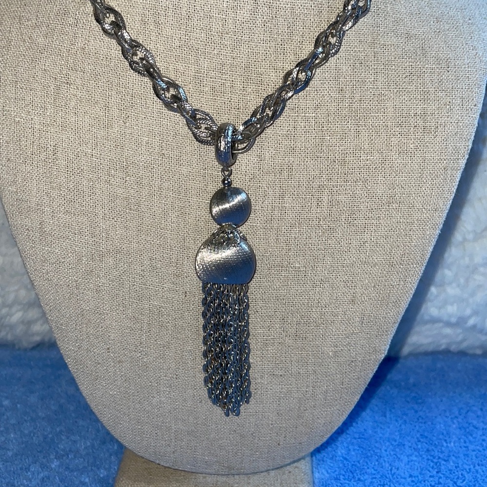 Vintage 1960’s Damita 32” Silver Tone chain necklace with Tassel.